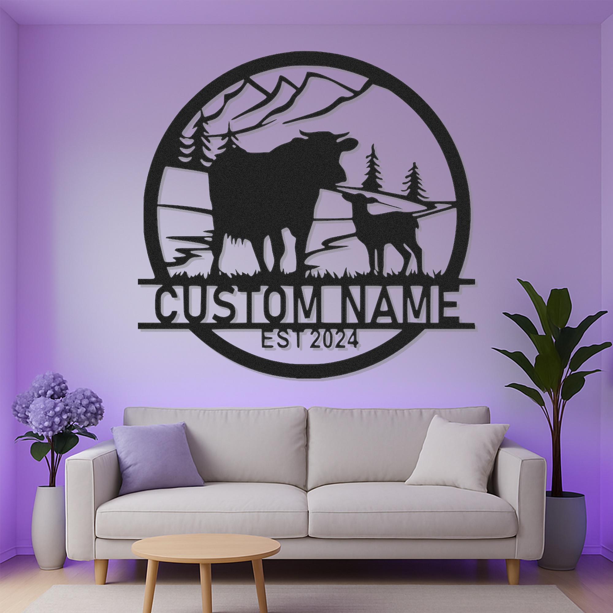 Custom Cow and Calf Silhouette Led Light Metal Wall Art, Rustic Farmhouse Decor, Personalized Ranch Gift for Family, Barn Wall Hanging
