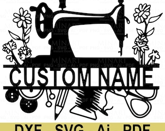 Laserskuren fil för vintage symaskin, anpassad namndekoration (SVG, DXF, PDF)