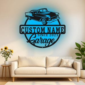 Custom Classic 1950s Vintage Car Led Light Metal Wall Art, Retro Garage Decor Gift for Car Enthusiast