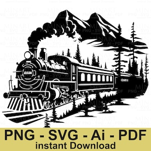 Vintage Steam Train Mountain Scenic Svg Dxf Png Pdf Digital Download for Cricut Silhouette Laser Cut DIY Craft