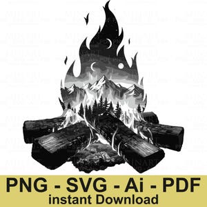 山の焚き火 SVG | 寒い夏の夜 SVG | キャンプファイヤー スモア マシュマロ ハイキング テント トレッキング | カットファイル クリップアート ベクター デジタル SVG PNG Ai