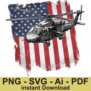 Helicóptero Militar SVG PNG PDF Ai Clipart | Bandeira Americana Exército Helicóptero Vetor | Design de Aviação Patriótica para Cricut e Silhouette Crafts