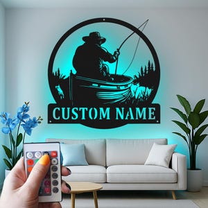Custom Fisherman Led Light Metal Wall Art, Personalized Fishing Decor, Unique Gift for Anglers, Lake House Accent