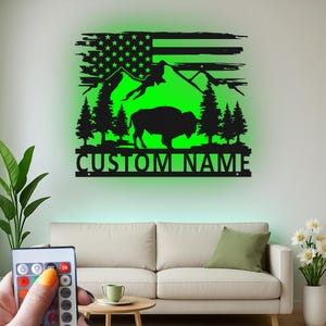 Custom American Bison Buffalo Led Light Metal Wall Art, Rustic Mountain Silhouette, Personalized Wildlife Decor for Cabin
