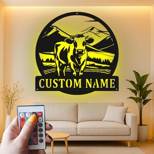 Custom Dairy Cow Led Light Metal Wall Art, Rustic Farmhouse Cow Silhouette, Personalized Country Decor Gift for Farmers