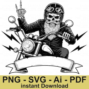 Skull Biker SVG PNG PDF Ai Clipart | Skelet middelvinger motorrijder vector | Rebel rocker-ontwerp voor Cricut en Silhouette Crafts
