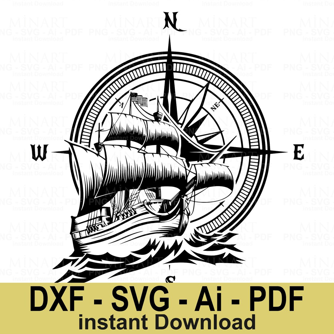 Vintage Nautical Ship Compass Svg Dxf Png Pdf Digital Download Sailing ...