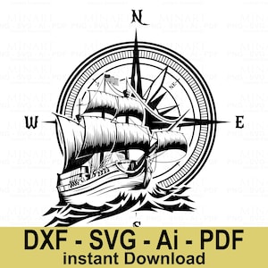 Vintage Nautical Ship Compass Svg Dxf Png Pdf Digital Download  Sailing Ship Clipart for Cricut & Laser Cutting