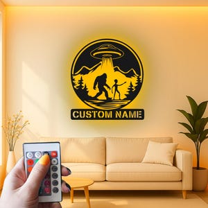 Custom Bigfoot Alien Led Light Metal Wall Art, Personalized Sasquatch UFO Decor, Unique Gift for Sci-Fi Fans