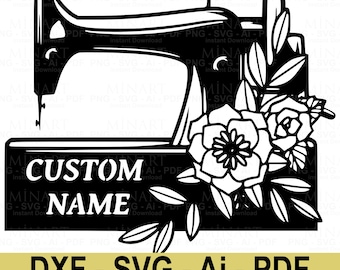 Laserskuren fil för vintage symaskin, anpassad namnskylt (SVG DXF PDF)