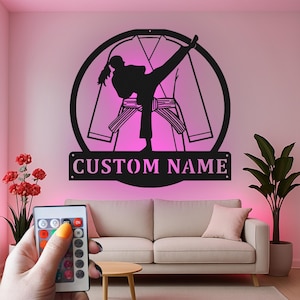 Custom Female Martial Artist Karate Led Light Metal Wall Art, Personalized Martial Arts Gift, Karate Girl Room Decor