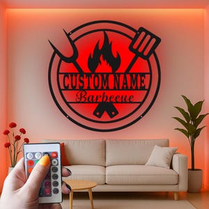 Custom BBQ Grill Led Light Metal Wall Art, Personalized Grilling Decor, Outdoor Patio Gift for Grill Master Dad