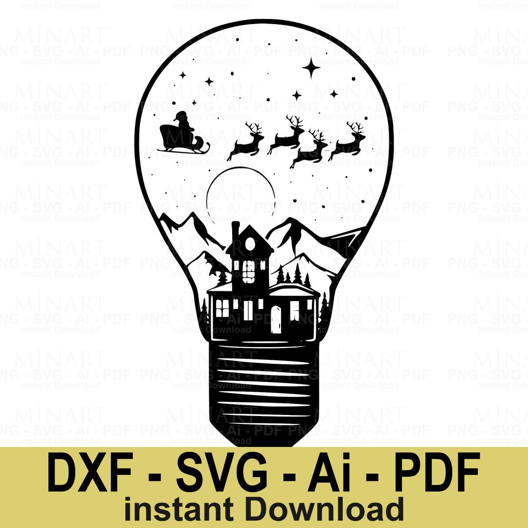 Christmas Santa Sleigh Reindeer SVG Winter Cabin Scene in Light Bulb ...