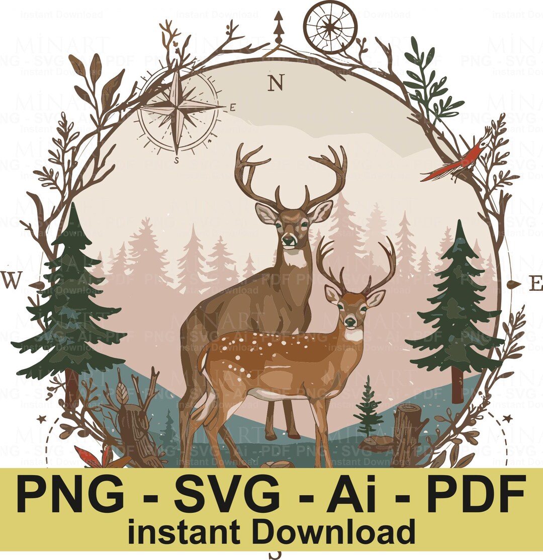 Compus With Deer Deer Family Compass SVG, Mountains Wildlife PNG (digital Download) - Etsy