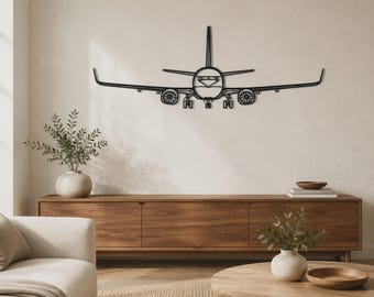 Airplane Wall Art, Minimalist 737-800 Front Silhouette | Decorative Metal Decor | Matte Black, Multiple Sizes