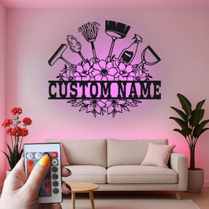 Custom Cleaning Supplies Led Light Metal Wall Art, Floral Housekeeping Decor, Personalized Cleaner Gift Idea