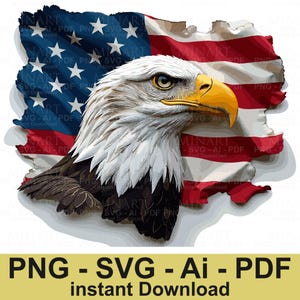 愛国的な白頭鷲のイラスト SVG PNG、アメリカン イーグルのクリップアート、T シャツと昇華用の米国旗の鷲のデザイン、デジタル ダウンロード