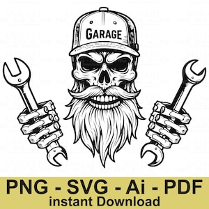 Puede incluir: Ilustración en blanco y negro de una calavera con una gorra de béisbol que dice "Garage" y sosteniendo dos llaves inglesas.