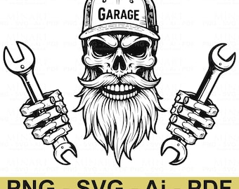 Skull Mechanic with Wrench SVG PNG, Garage Art (Digital Download)