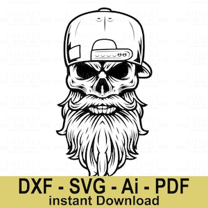 Bearded Skull with Cap Svg Dxf Png Pdf Digital Download, Hipster Skeleton Graphic for Cricut, Silhouette, DIY Vinyl Decals