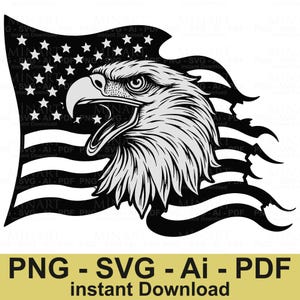 愛国的な白頭鷲のイラスト SVG PNG、アメリカン イーグルのクリップアート、T シャツと昇華用の米国旗の鷲のデザイン、デジタル ダウンロード