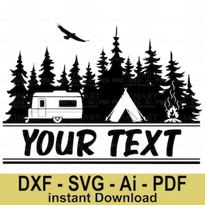 キャンプシーンSVG、キャンピングカーテント森のキャンプファイヤーデジタルカットファイル、アウトドアアドベンチャーCricutシルエットデザインダウンロード