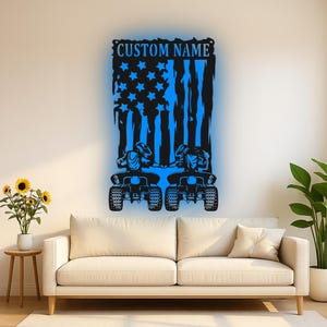 Custom ATV Riders Led Light Metal Wall Art, Personalized Quad Biking American Flag Decor, Gift for Riders Garage