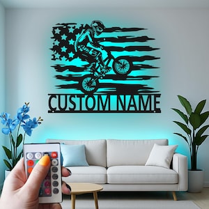 Custom BMX Rider Led Light Metal Wall Art, Personalized Bike Stunt Decor, Patriotic Cycling Gift for Teen Room
