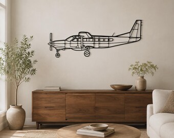 208B Grand Caravan Metal Airplane Silhouette, Open-Line Aviation Wall Art, Matte Black, Multiple Sizes