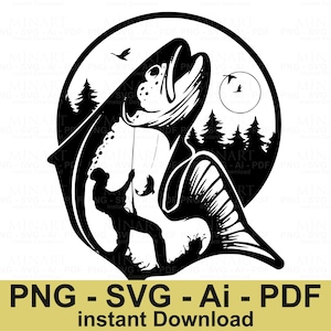 Trout Fish Jumping Svg Dxf Png Pdf Digital Download, Fishing Nature Scene Clipart for Cricut Silhouette DIY Crafts