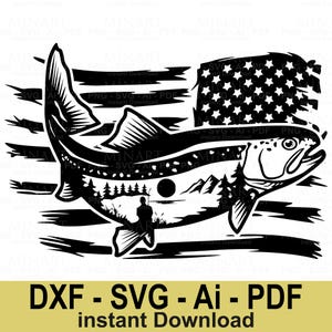 American Flag Trout Fishing SVG, Patriotic Fisherman Fish Design, Outdoorsman Digital Cut File for Cricut Silhouette