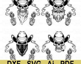Cowboy Skull SVG Bundle, Gunslinger Skeleton Clipart (Cricut, Silhouette Files)