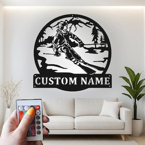Custom Alpine Skier Led Light Metal Wall Art, Realistic Skiing Decor, Personalized Winter Sports Gift for Ski Lovers, Cabin Decor