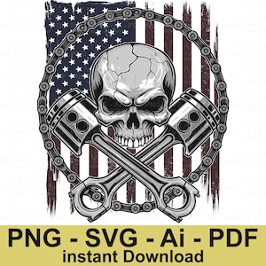 May include: A black and white illustration of a skull with crossed pistons, surrounded by a chain link circle. The background is a distressed American flag.