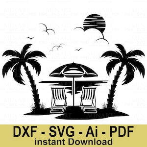 Strand Sonnenuntergang SVG, Dxf Png Pdf Digital Download, Palmen Strand Stühle Regenschirm Sommerferien Cricut Cut Datei