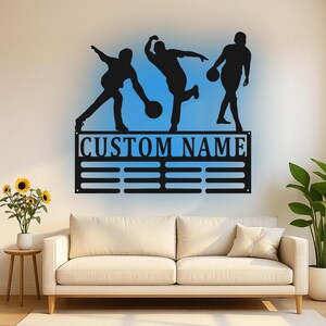 Custom Bowling Players Medal Holder Led Light Metal Wall Art, Personalized Bowler Silhouette Decor, Unique Gift for Bowling Team, Game Room
