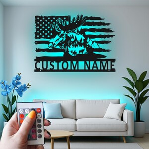 Custom American Moose Led Light Metal Wall Art, Rustic Wildlife Silhouette, Personalized Cabin Decor Gift, Outdoor Nature Scene