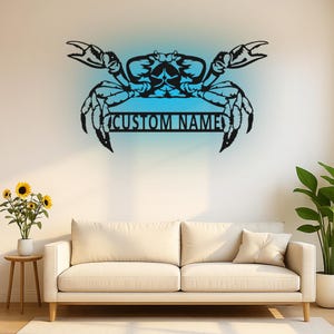 Arte de pared de metal con luz LED de cangrejo azul personalizado, decoración costera náutica personalizada, silueta realista de cangrejo, regalo para casa de playa
