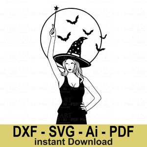 Witch with Bats Svg, Halloween Magic Woman Digital Cut File, Witchcraft Clipart for Cricut & Silhouette, Instant Download Dxf PNG Pdf