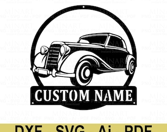 Vintage Auto kundenspezifisches Namensschild, Laser-Schnittdatei (SVG, DXF, PDF)