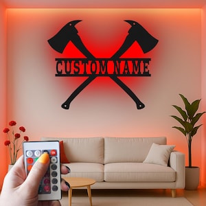 Haches de pompier personnalisées Art mural en métal léger LED, déco pompier personnalisée, idée cadeau pompier, déco homme des cavernes