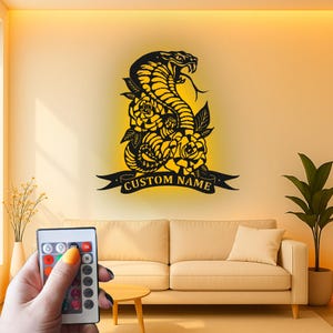 Custom Fierce Cobra Snake and Roses Led Light Metal Wall Art, Personalized Gothic Decor for Tattoo Studio or Man Cave