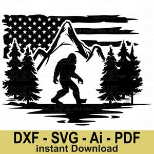 Bigfoot Sasquatch Svg Dxf Png Pdf, Mountain Forest Scene with American Flag, Cricut Silhouette Laser Cut Files