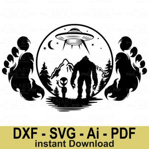 Bigfoot Alien Abduction Svg, Sasquatch UFO Mountain Scene Digital Download, Cryptid Footprint Clipart for Cricut