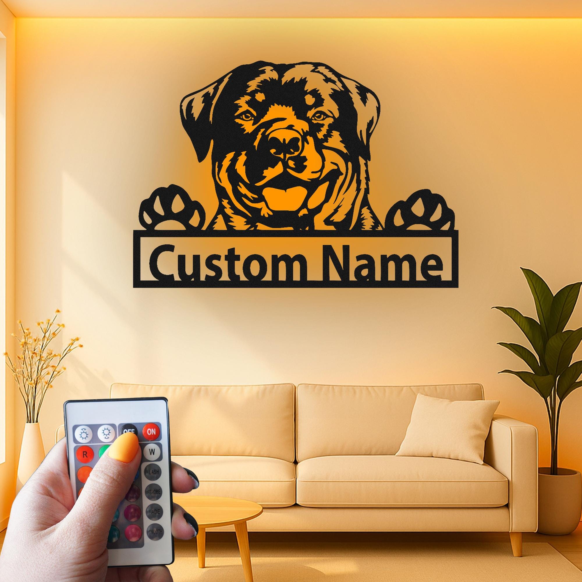 Custom Smiling Rottweiler Dog Led Light Metal Wall Art, Personalized Pet Decor, Dog Lover Gift, Realistic Puppy Silhouette Sign