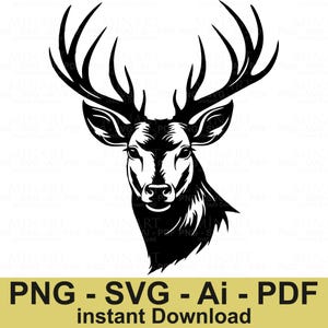Deer Head with Antlers SVG PNG PDF Ai Vector File, Deer Silhouette Clipart for Cricut and Laser Cutting, Hunting Decor Instant Download