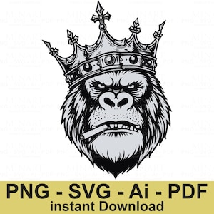 King Gorilla Svg, Bold Gorilla King Svg Png, Black and White Crowned Gorilla , Streetwear Tattoo Art, Digital Download for Apparel & Print