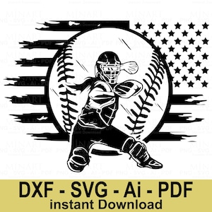 Softball Catcher Svg, American Flag Softball Player PNG, Patriotic Sports Dxf, Girls Softball Clipart, Cricut Silhouette Cut File