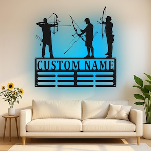 Custom Archery Medal Holder Led Light Metal Wall Art, Personalized Archer Decor, Bow Hunter Gift, Hunting Lodge Wall Accent