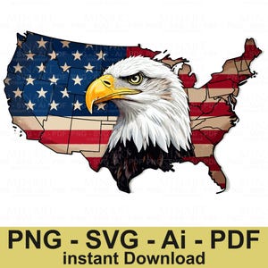 愛国的な白頭鷲のイラスト SVG PNG、アメリカン イーグルのクリップアート、T シャツと昇華用の米国旗の鷲のデザイン、デジタル ダウンロード
